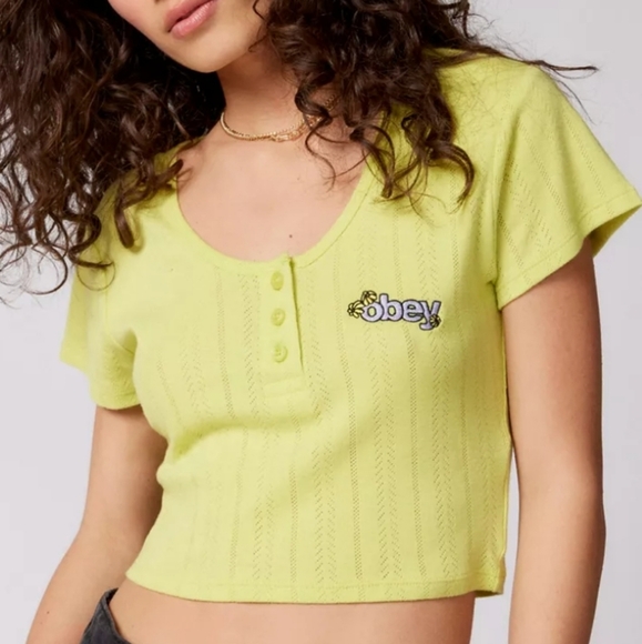 OBEY Alina Pointelle Top, Size S, Color Lime - Picture 5 of 5